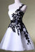 One Shoulder White Homecoming with Black Lace Knee Length Party Dress - Prom Dresses