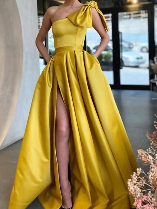 One Shoulder Yellow Satin Long Prom Dresses with High Slit, Long Yellow Formal Graduation Evening Dresses 