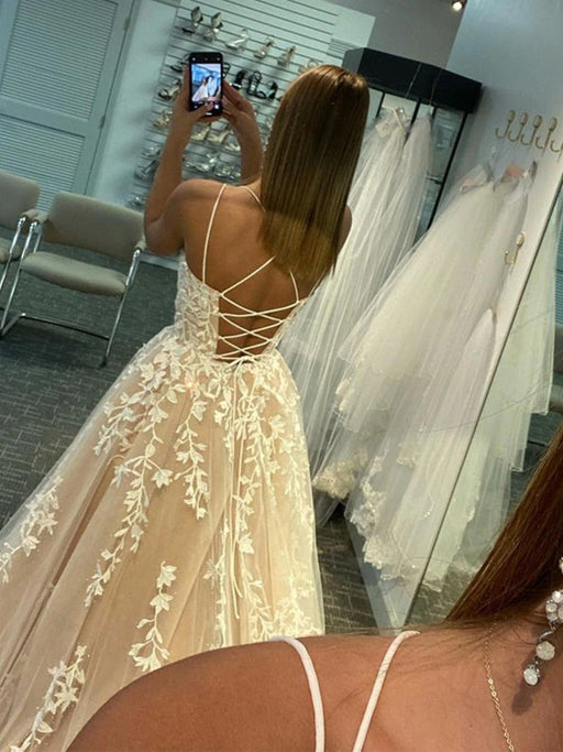 Open Back Champagne Lace Tulle Long Prom Dresses, Champagne Lace Formal Evening Dresses, Champagne Ball Gown 