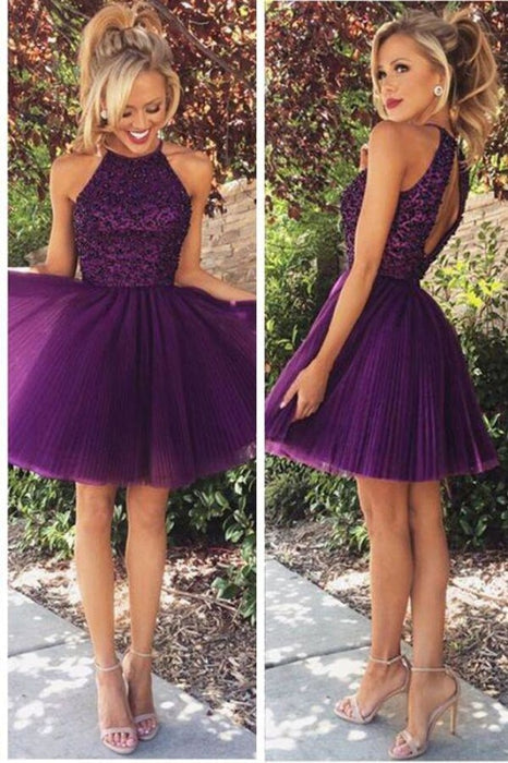 Open Back Homecoming Halter Purple Beaded Tulle Cocktail Dresses Short Prom Dress - Prom Dresses