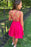 Open Back Hot Pink Satin Short Prom Homecoming Dresses, Hot Pink Formal Graduation Evening Dresses 