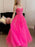 Open Back Hot Pink Tulle Lace Long Prom Dresses, Hot Pink Lace Formal Graduation Evening Dresses 