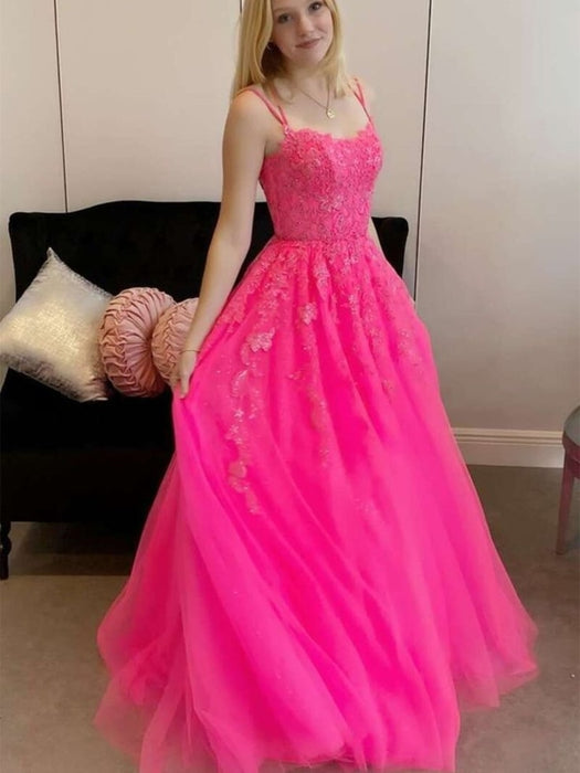 Open Back Hot Pink Tulle Lace Long Prom Dresses, Hot Pink Lace Formal Graduation Evening Dresses 