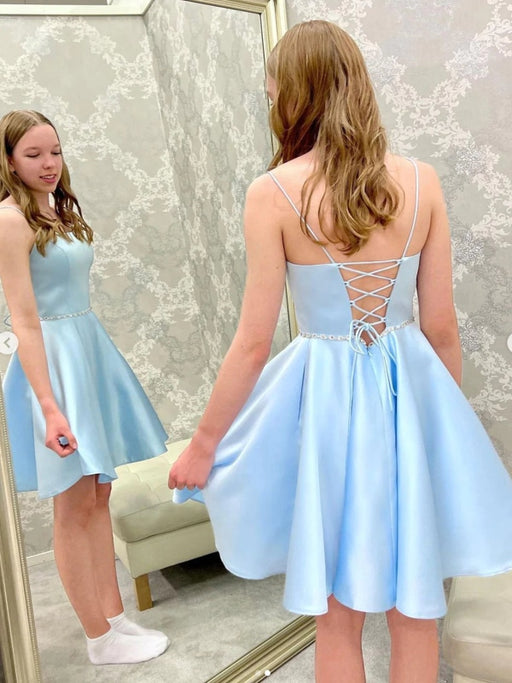 Open Back Light Blue Short Prom Homecoming Dresses with Belt, Light Blue Formal Graduation Evening Dresses 