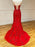 Open Back Mermaid Strapless Red Lace Long Prom Dresses with Train, Mermaid Red Formal Dresses, Red Lace Evening Dresses 