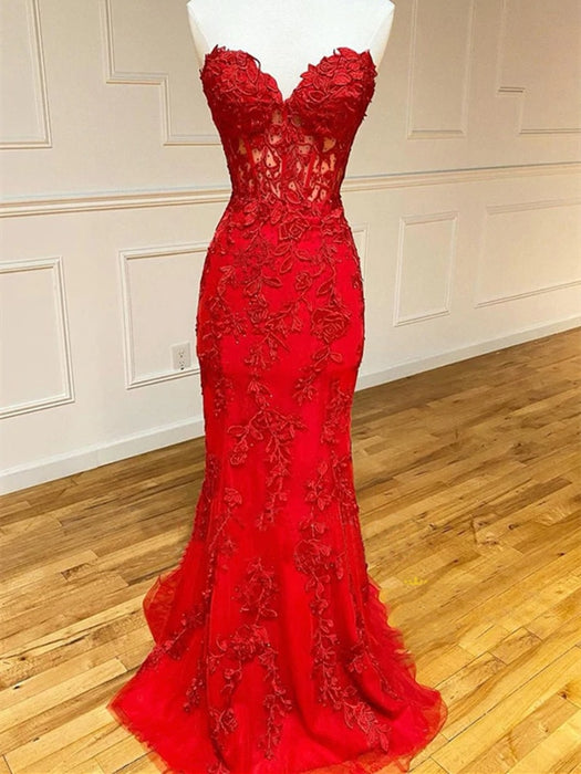 Open Back Mermaid Strapless Red Lace Long Prom Dresses with Train, Mermaid Red Formal Dresses, Red Lace Evening Dresses 