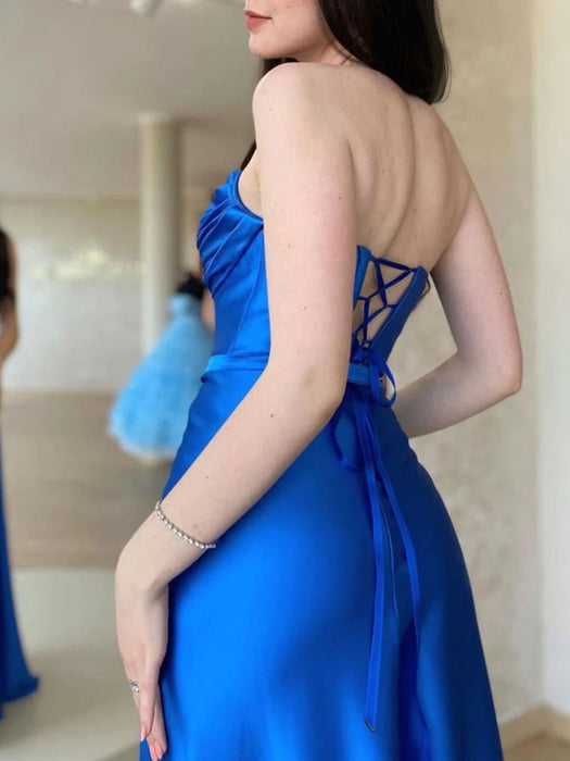 Open Back Royal Blue Long Prom Dresses with High Slit, Long Blue Formal Graduation Evening Dresses 