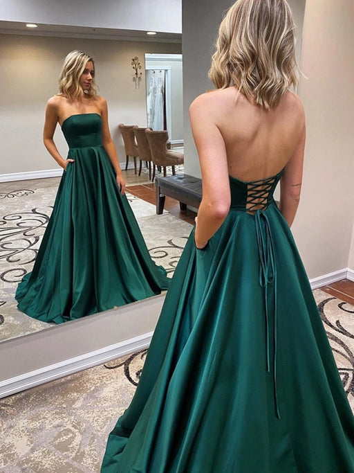 Open Back Strapless Green Satin Long Prom Dresses with Pocket, Strapless Green Formal Graduation Evening Dresses 