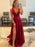 Open Back V Neck Burgundy Long Prom Dresses with High Slit, V Neck Burgundy Formal Graduation Evening Dresses 