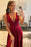 Open Back V Neck Burgundy Long Prom Dresses with High Slit, V Neck Burgundy Formal Graduation Evening Dresses 