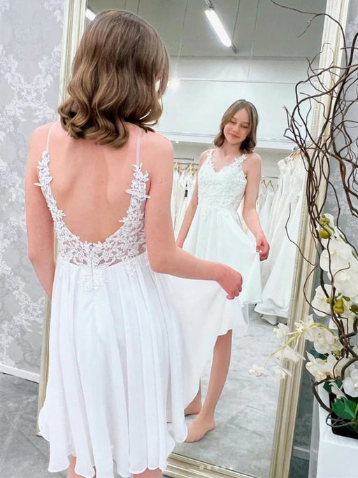 Open Back V Neck White Lace Short Prom Dresses, White Lace Homecoming Dresses, Short White Formal Graduation Evening Dresses 