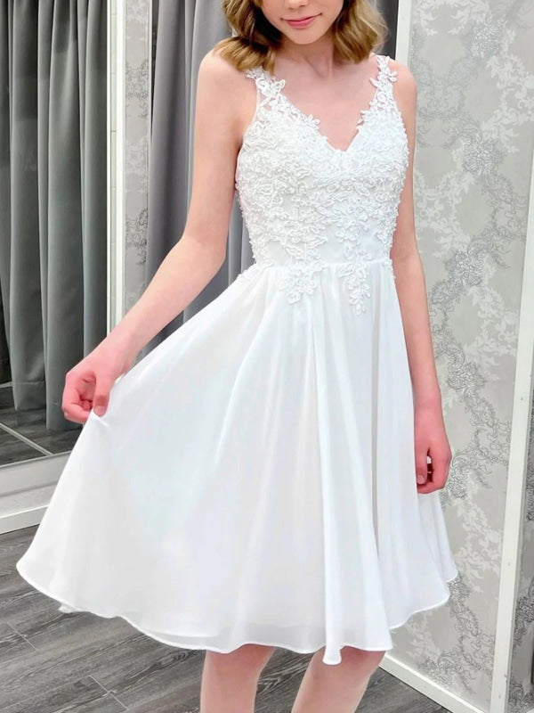 Open Back V Neck White Lace Short Prom Dresses, White Lace Homecoming Dresses, Short White Formal Graduation Evening Dresses 