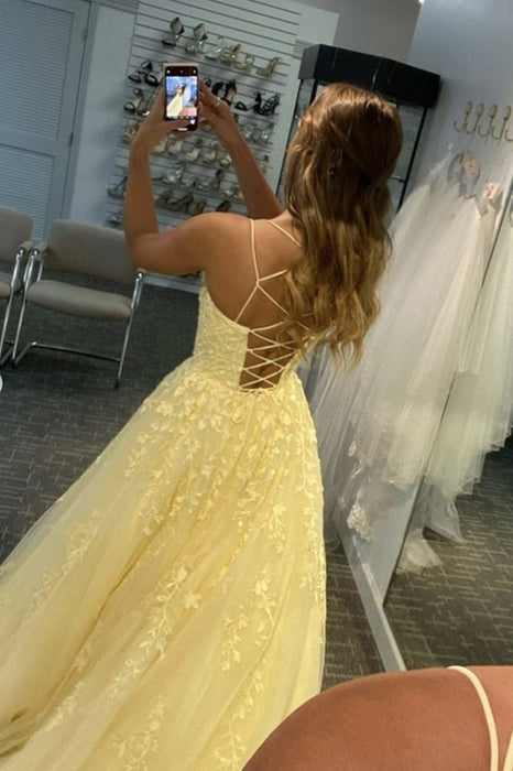 Open Back Yellow Lace Long Prom Dresses, Yellow Lace Formal Dresses, Yellow Evening Dresses 