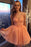 Peach Cap Sleeves Chiffon Homecoming with Appliques A Line Short Prom Dress - Prom Dresses