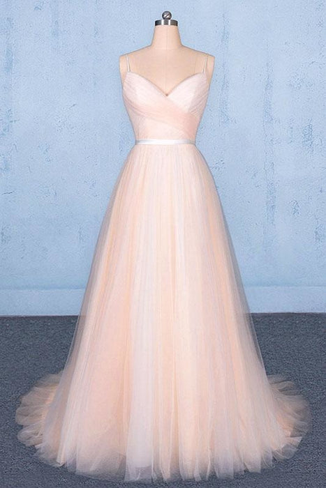 Peach V Neck Sleeveless A Line Prom Dresses Straps Tulle Evening Dress - Prom Dresses