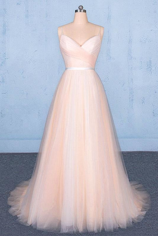 Peach V Neck Sleeveless A Line Prom Dresses Straps Tulle Evening Dress - Prom Dresses