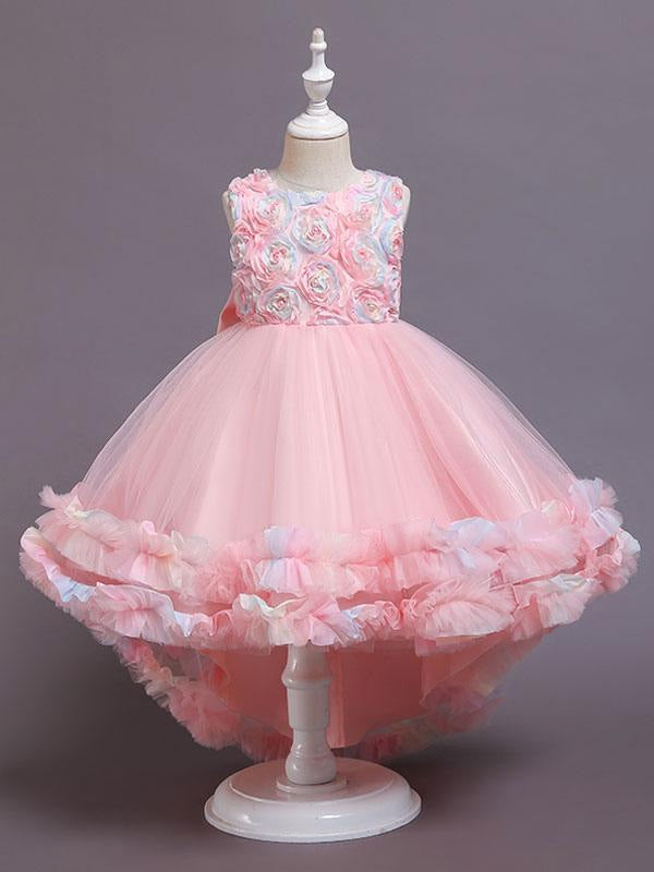 Pink Flower Girl Dresses Jewel Neck Tulle Sleeveless With Train A-Line Bows Formal Kids Pageant Dresses