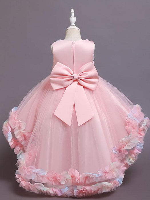 Pink Flower Girl Dresses Jewel Neck Tulle Sleeveless With Train A-Line Bows Formal Kids Pageant Dresses