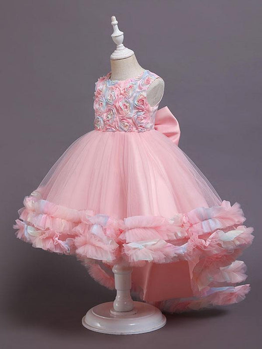 Pink Flower Girl Dresses Jewel Neck Tulle Sleeveless With Train A-Line Bows Formal Kids Pageant Dresses