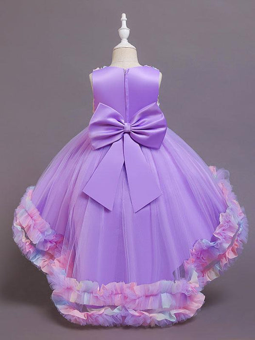 Pink Flower Girl Dresses Jewel Neck Tulle Sleeveless With Train A-Line Bows Formal Kids Pageant Dresses