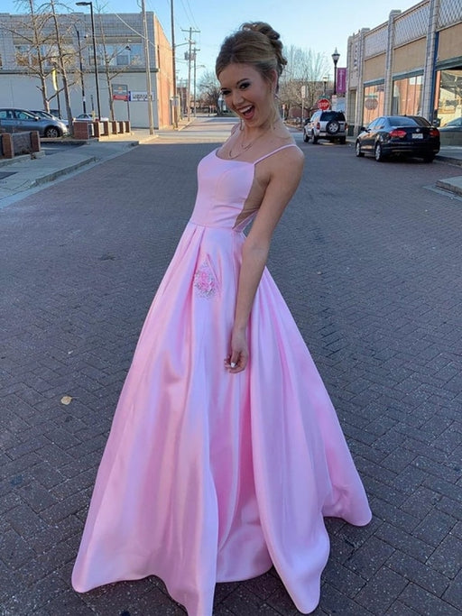 Pink A Line Satin Floral Long Prom Dresses with Pockets, Floral Pink Formal Graduation Evening Dresses