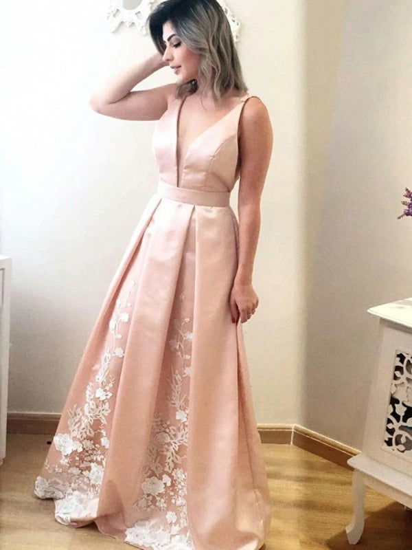 Pink A Line V Neck Floor Length Lace Appliques Pleated Satin Long Prom Dresses, V Neck Pink Formal Graduation Evening Dresses