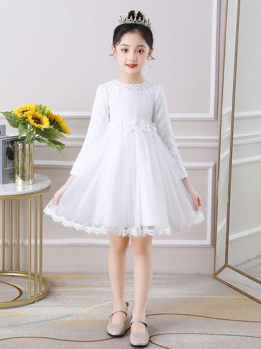 Flower Girl Dresses Light Pink Jewel Neck Long Sleeves Beaded Polyester Tulle Lace Polyester Cotton Kids Social Party Dresses