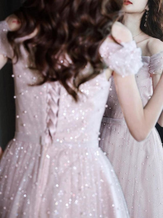 Pink Evening Dress A-Line Bateau Neck Sleeveless Lace-up Bows Floor-Length Sequined Formal Party Dresses