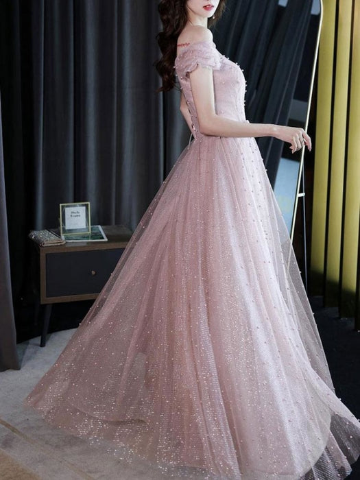 Pink Evening Dress A-Line Bateau Neck Sleeveless Lace-up Bows Floor-Length Sequined Formal Party Dresses