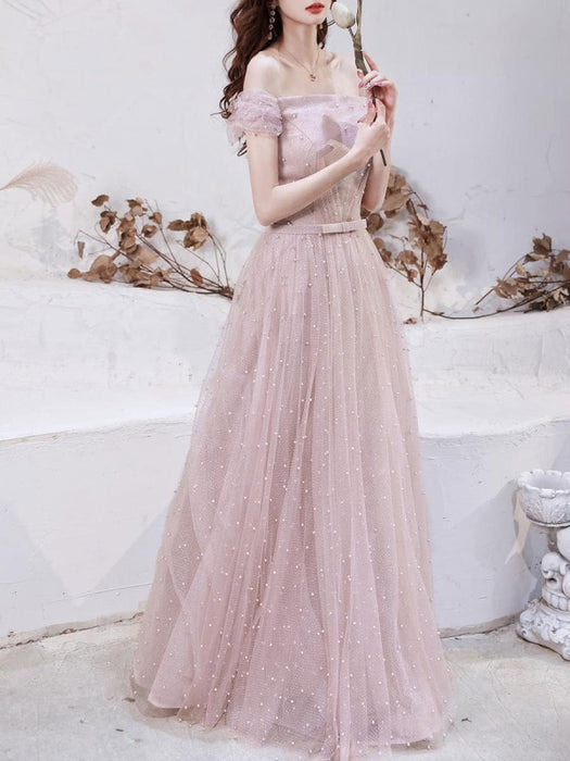 Pink Evening Dress A-Line Bateau Neck Sleeveless Lace-up Bows Floor-Length Sequined Formal Party Dresses