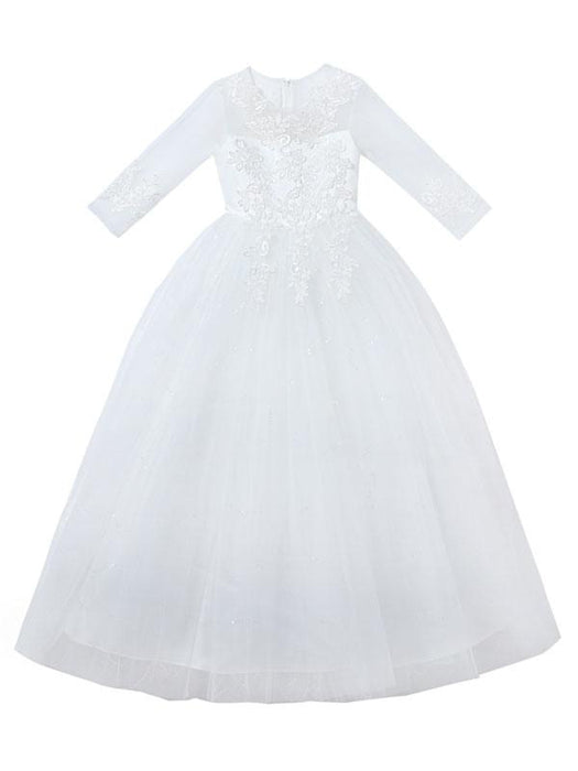 Pink Flower Girl Dresses Jewel Neck Half Sleeves Ankle-Length Lace Princess Silhouette Bows Formal Kids Pageant Dresses