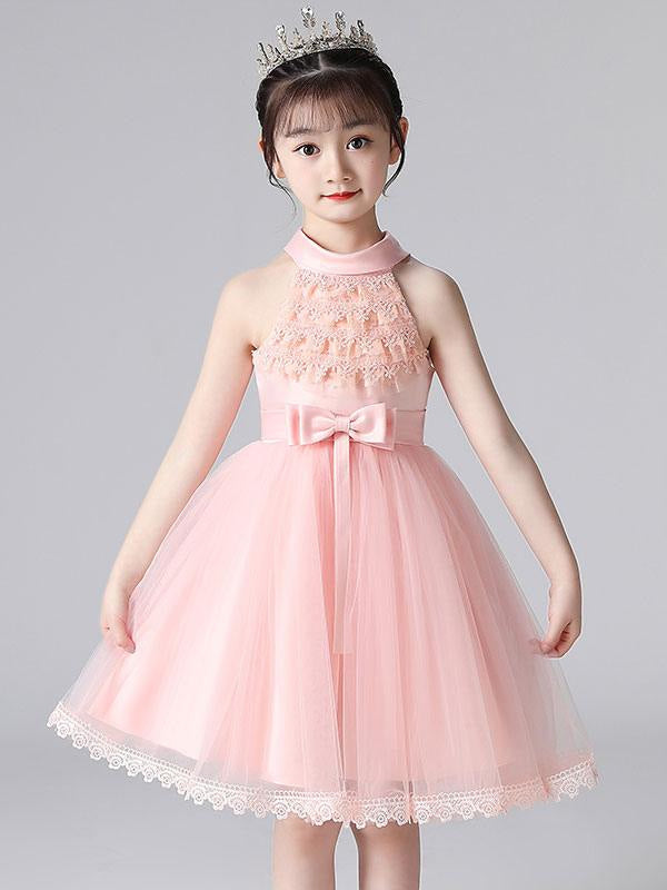 Pink Flower Girl Dresses Halter Neck Lace Sleeveless Short Princess Dress Bows Formal Kids Pageant Dresses