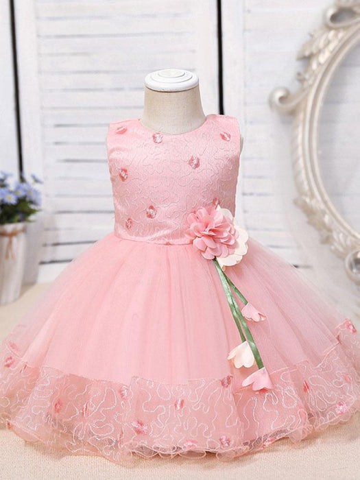 Flower Girl Dresses Pink Jewel Neck Sleeveless Polyester Cotton Tulle Flowers Kids Party Dresses