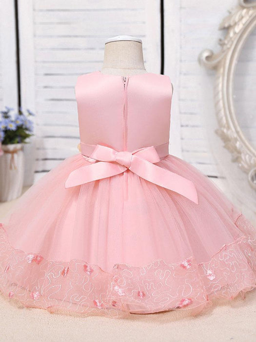 Flower Girl Dresses Pink Jewel Neck Sleeveless Polyester Cotton Tulle Flowers Kids Party Dresses