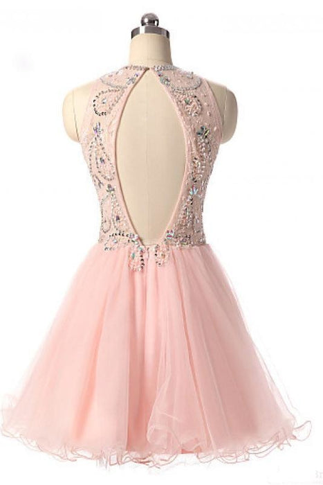 Pink Jewel Tulle Homecoming Dresses with Open Back Beading Sleeveless Short Prom Dress - Prom Dresses