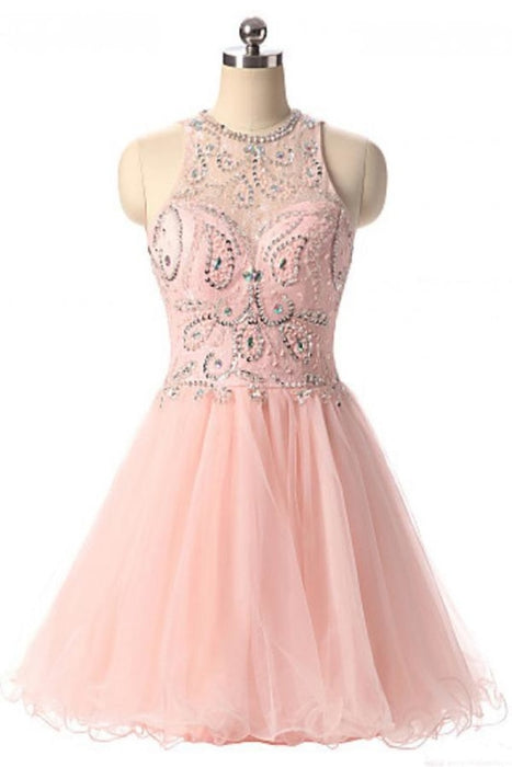 Pink Jewel Tulle Homecoming Dresses with Open Back Beading Sleeveless Short Prom Dress - Prom Dresses