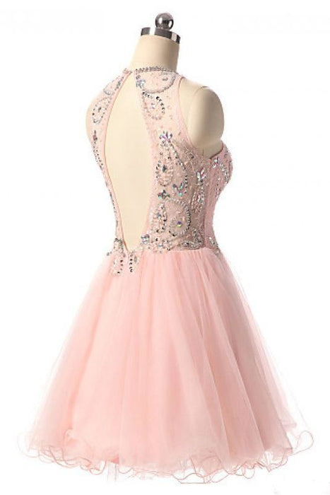 Pink Jewel Tulle Homecoming Dresses with Open Back Beading Sleeveless Short Prom Dress - Prom Dresses