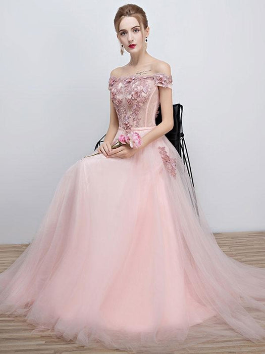 Pink Prom Dresses 2021 Long Tulle Off The Shoulder Prom Dress Lace Applique Beading Flower Occasion Dress With Train