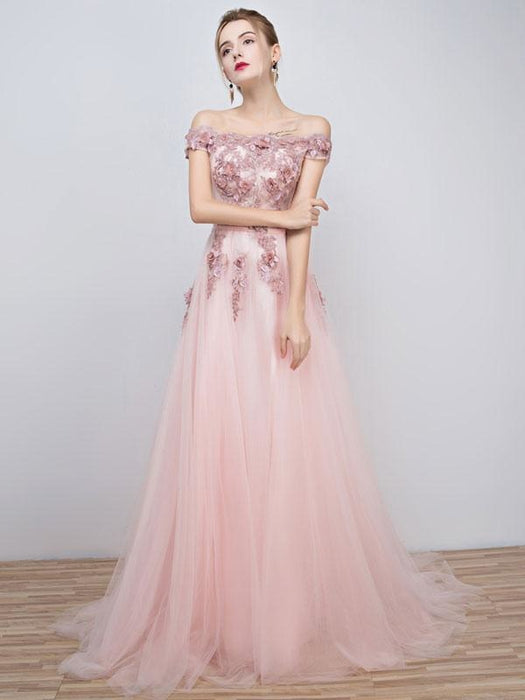 Pink Prom Dresses 2021 Long Tulle Off The Shoulder Prom Dress Lace Applique Beading Flower Occasion Dress With Train