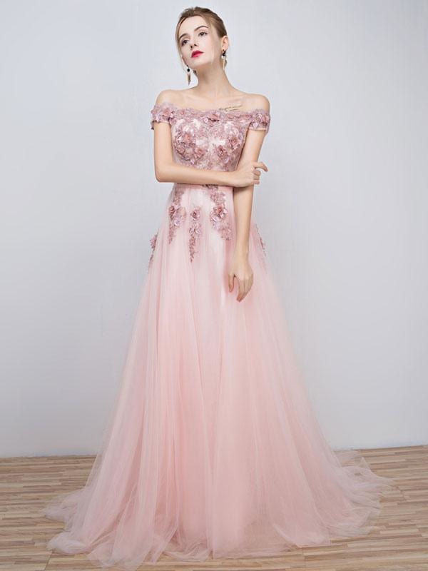 Pink Prom Dresses 2021 Long Tulle Off The Shoulder Prom Dress Lace Applique Beading Flower Occasion Dress With Train