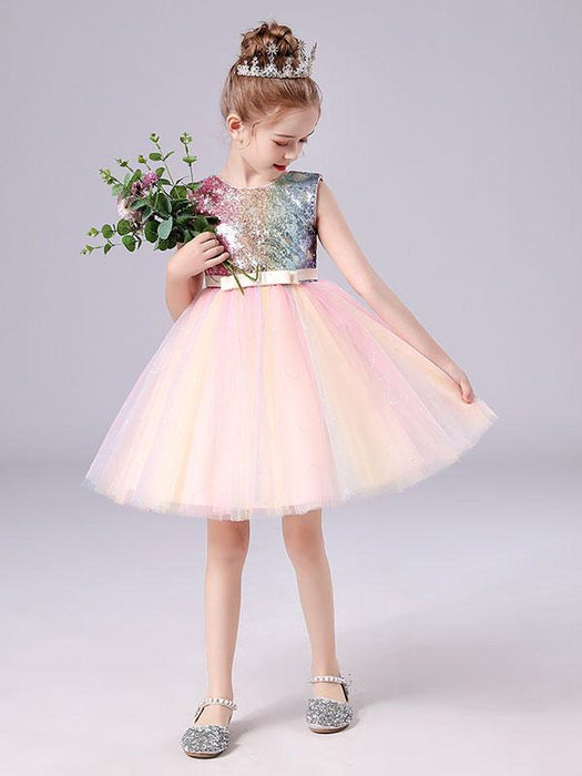 Pink Flower Girl Dresses Jewel Neck Sleeveless Bows Kids Social Party Dresses Sequined Tulle Short Dress