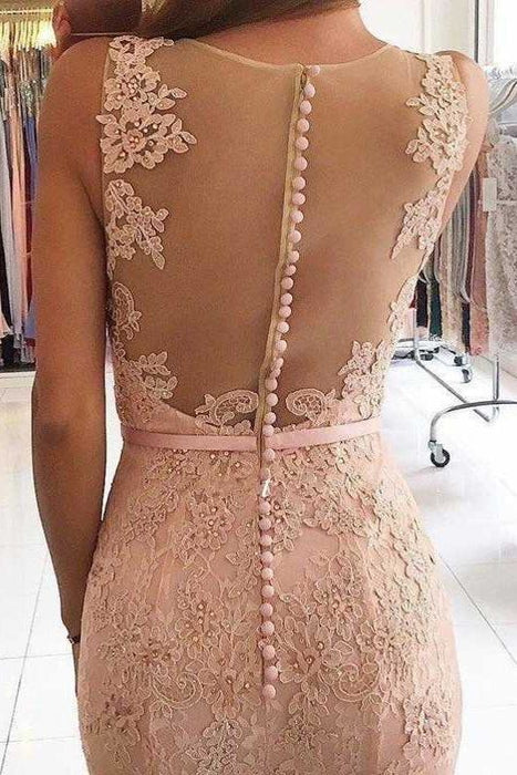 Pink Sleeveless Formal Dresses Mermaid Sheer Back Lace Prom Gown - Prom Dresses