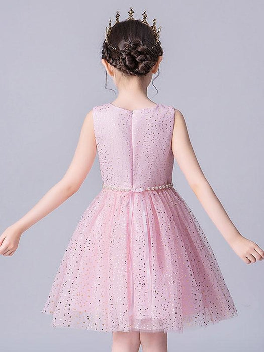 Pink Flower Girl Dresses Jewel Neck Tulle Sleeveless Short Princess Dress Pearls Formal Kids Pageant Dresses