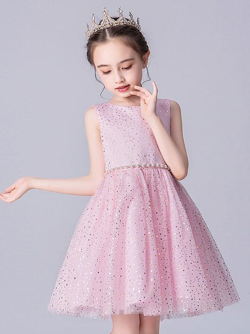 Pink Flower Girl Dresses Jewel Neck Tulle Sleeveless Short Princess Dress Pearls Formal Kids Pageant Dresses