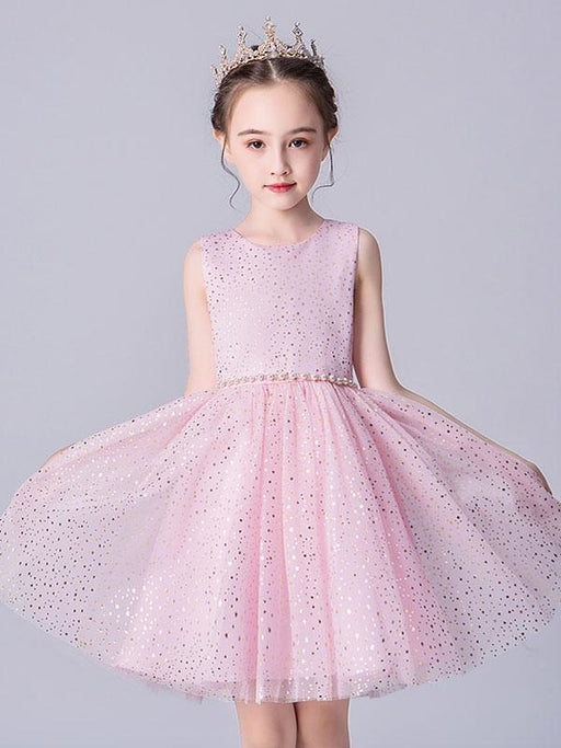 Pink Flower Girl Dresses Jewel Neck Tulle Sleeveless Short Princess Dress Pearls Formal Kids Pageant Dresses