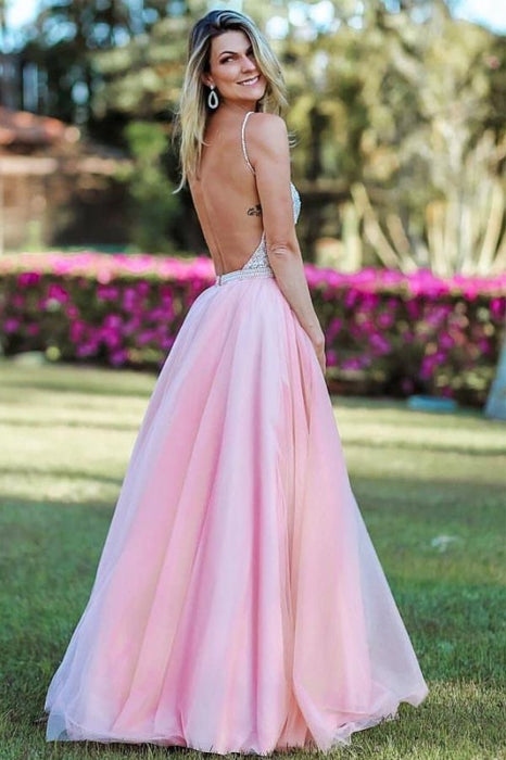 Pink Spaghetti Strap Beading Tulle Prom Sexy Backless Long Evening Dress - Prom Dresses