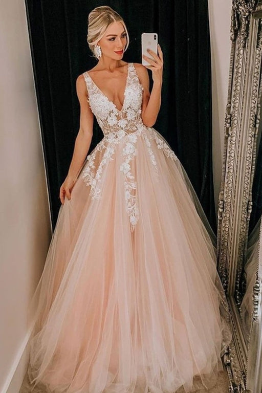 Pink V Neck Backless Lace Appliques Tulle Long Prom Dresses, V Neck Pink Lace Ball Gown, Pink Formal Dresses, Pink Lace Evening Dresses