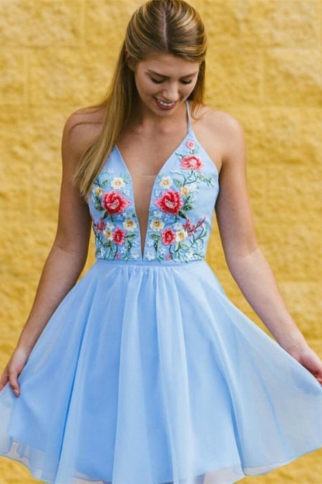 Popular Sexy Deep V-neck Spaghetti Straps Chiffon Homecoming Dresses with Appliques - Prom Dresses