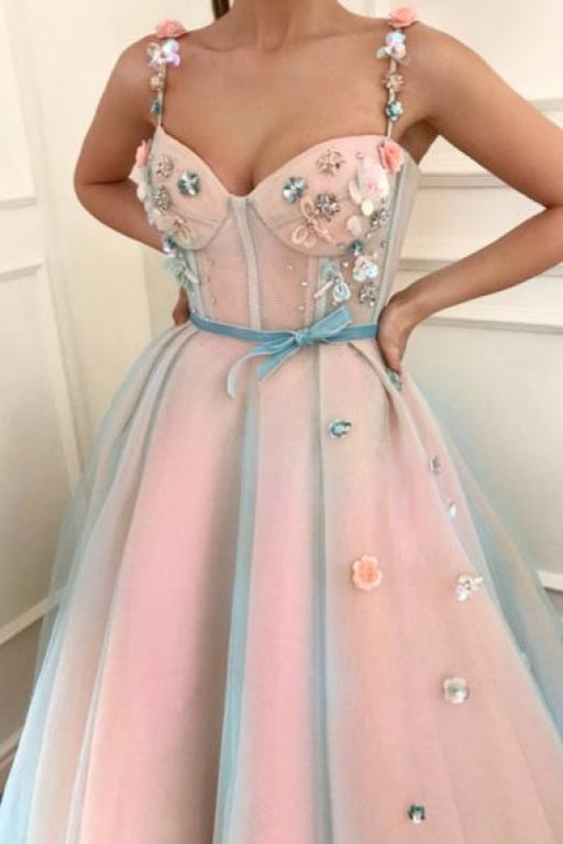 Princess Applique A-Line Spaghetti Straps Tulle Charming Prom Dress with Belt - Prom Dresses