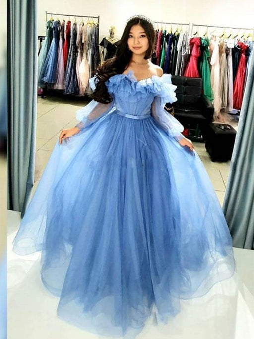 Princess Off Shoulder Long Sleeves Blue Prom Dresses, Off the Shoulder Blue Formal Graduation Evening Dresses